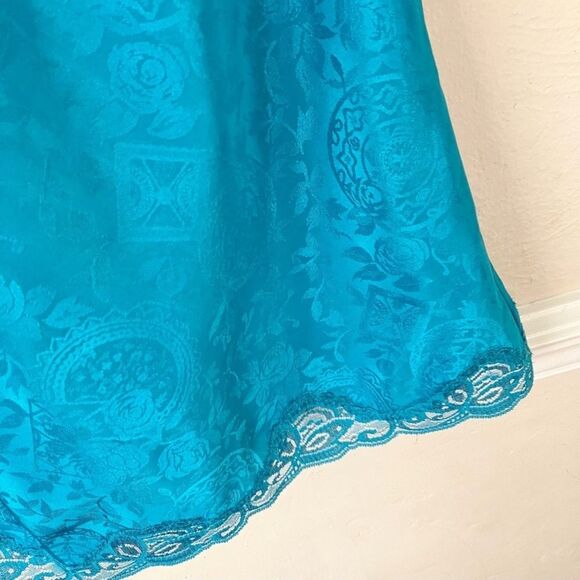 Vintage Victoria’s Secret Gold Label Turquoise Satin Slip Gown Sz Small - Picture 3 of 5